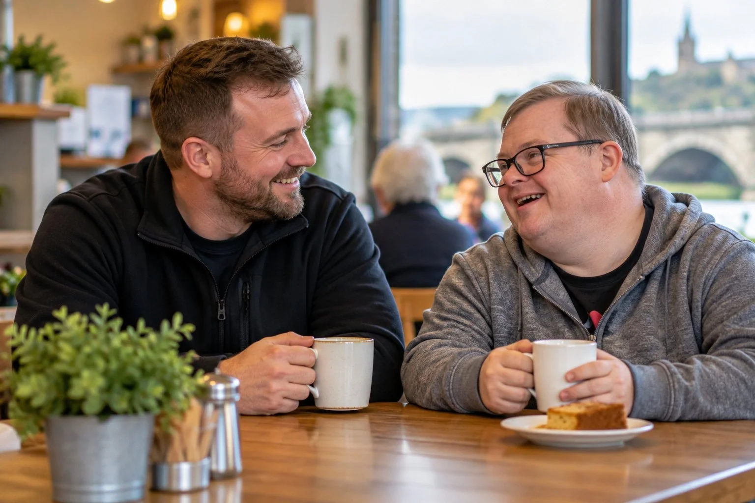 John talking with someone over coffee